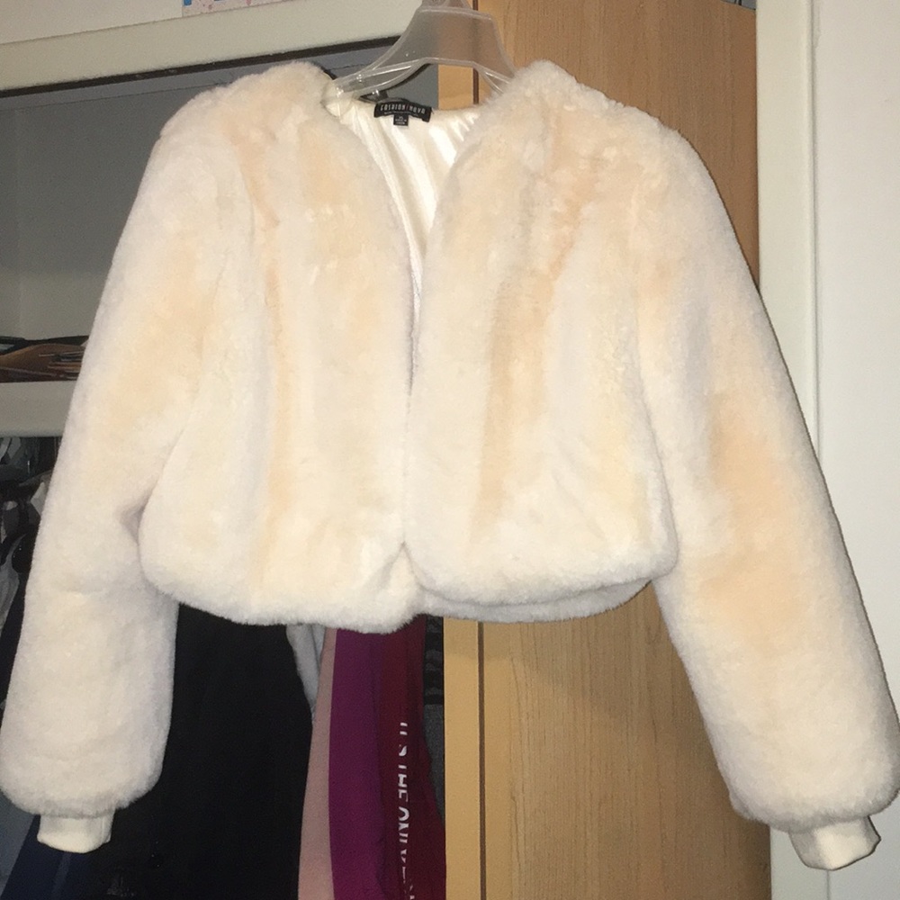Fashion Nova Cream Faux Fur Crop Jacket